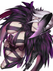 Rule 34 | 1girl, breasts, chain, character request, feathers, from above, highres, katana, kumiko shiba, large breasts, lips, looking at viewer, one eye covered, phantasy star, phantasy star online 2, purple eyes, short hair, simple background, solo, standing, sword, thighs, weapon, white background, white hair