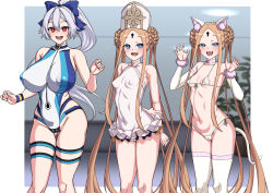 Rule 34 | 3girls, abigail williams (fate), abigail williams (swimsuit foreigner) (fate), animal ears, areola slip, arms behind back, bad id, bad twitter id, bare shoulders, barefoot, beach, bikini, black bow, blonde hair, blue bow, blue eyes, blue one-piece swimsuit, blue sky, blush, bow, braid, braided bun, breasts, cameltoe, cat ears, cat tail, choker, cleft of venus, covered erect nipples, covered navel, double bun, dress swimsuit, fate/grand order, fate (series), forehead, hair between eyes, hair bow, hair bun, hat, highleg, highleg swimsuit, highres, keyhole, large breasts, long hair, looking at viewer, micro bikini, mitre, multiple bows, multiple girls, muta poo, navel, ocean, one-piece swimsuit, open mouth, orange bow, palm tree, parted bangs, ponytail, red eyes, sand, sandals, shore, sidelocks, sky, small breasts, smile, standing, swimsuit, tail, thigh strap, thighhighs, toes, tomoe gozen (fate), tomoe gozen (swimsuit saber) (fate), tomoe gozen (swimsuit saber) (first ascension) (fate), tree, turtleneck, turtleneck one-piece swimsuit, twintails, two-tone swimsuit, very long hair, white hair, white headwear, white one-piece swimsuit, white thighhighs