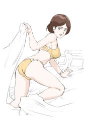 Rule 34 | 1girl, arm support, ass, bed, bed sheet, bra, breasts, brown hair, commentary, dutch angle, emma sheen, green eyes, gundam, kneeling, leaning forward, medium breasts, on bed, open mouth, panties, partially colored, saitani umetarou, short hair, skindentation, solo, underwear, underwear only, watch, white background, wristwatch, yellow bra, yellow panties, zeta gundam