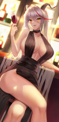 Rule 34 | 1girl, aegir (azur lane), alternate costume, answering, azur lane, bare shoulders, black dress, breast curtains, breasts, cleavage, crossed legs, cup, demon horns, dress, drinking glass, earrings, gloves, hair on horn, highres, holding, holding cup, horns, jewelry, large breasts, long hair, multicolored hair, red hair, sitting, solo, streaked hair, two-tone hair, very long hair, white hair, wine glass, yellow eyes