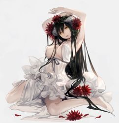 Rule 34 | 1girl, ahoge, albedo (overlord), arms up, bare shoulders, black hair, black wings, breasts, cleavage, demon girl, demon horns, dress, horns, kawasumi (japonica), large breasts, long hair, looking at viewer, open mouth, overlord (maruyama), simple background, smile, solo, white dress, wings, yellow eyes