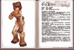 Rule 34 | 1girl, animal ears, animal hands, bandages, bear, bear ears, bear girl, bear tail, blue eyes, blush, breasts, brown bear, brown hair, character profile, claws, fur, grizzly, grizzly (monster girl encyclopedia), honey, kenkou cross, large breasts, licking, monster girl, monster girl encyclopedia, official art, partially translated, solo, standing, tail, translation request, zoom layer
