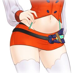 Rule 34 | 1girl, absurdres, belt, close-up, hand on own hip, head out of frame, highres, hip focus, hololive, hololive english, lower body, midriff, miniskirt, navel, orange skirt, p protocoll, simple background, skirt, solo, suspender skirt, suspenders, takanashi kiara, thighhighs, thighs, virtual youtuber, white background, white thighhighs, zettai ryouiki