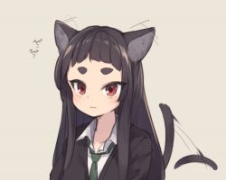 Rule 34 | 1girl, :3, afterimage, animal ear fluff, animal ears, bad id, bad pixiv id, black sweater, blush, brown background, brown hair, cat ears, cat tail, closed mouth, collarbone, collared shirt, ear wiggle, green neckwear, kuranami shiki, long hair, looking at viewer, natsuki teru, original, red eyes, shirt, short eyebrows, simple background, solo, sweater, tail, tail raised, tail wagging, thick eyebrows, upper body, very long hair, white shirt