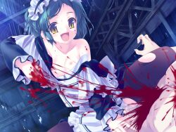 Rule 34 | 1boy, 1girl, :d, amami mikihiro, apron, aqua hair, black dress, black pantyhose, blood, blood on face, bow, braid, breasts, censored, collarbone, cowgirl position, cum, cum in pussy, dress, drooling, ero guro, fangs, game cg, girl on top, gradient eyes, guro, hair bow, hair ornament, hairclip, hetero, kizuato, maid, maid apron, maid headdress, medium breasts, medium hair, mosaic censoring, multicolored eyes, nipples, non-web source, official art, open mouth, pantyhose, purple eyes, scary sex, sex, single braid, slit pupils, small nipples, smile, straddling, sweat, takasago rikka, torn clothes, torn pantyhose, white apron, white dress, yellow eyes