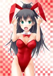 Rule 34 | 1girl, animal ears, aqua eyes, arms up, bare legs, bare shoulders, black hair, blush, bow, bowtie, breasts, checkered background, detached collar, fake animal ears, fang, female focus, ganaha hibiki, happy, highres, idolmaster, idolmaster (classic), legs, leotard, long hair, looking at viewer, misui, open mouth, playboy bunny, ponytail, rabbit ears, smile, solo, standing, strapless