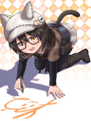 Rule 34 | 1girl, :d, all fours, animal ears, animal hat, argyle, argyle background, argyle clothes, black-framed eyewear, black footwear, black hair, black leotard, black thighhighs, boots, brown hoodie, cabbie hat, cat ears, cat tail, commentary request, commission, dotted line, drawstring, fake animal ears, full body, glasses, hair between eyes, hat, highres, holding, holding stylus, hood, hood down, hoodie, layered sleeves, leotard, long sleeves, looking at viewer, m.m, open mouth, original, semi-rimless eyewear, short over long sleeves, short shorts, short sleeves, shorts, skeb commission, smile, solo, stylus, tail, thighhighs, thighhighs under boots, under-rim eyewear, white hat, white shorts, yellow eyes