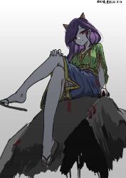 Rule 34 | 1girl, absurdres, blue skirt, commentary, crossed legs, feet, from below, green shirt, hand on own knee, highres, horns, legs, looking down, medium hair, nippaku zanmu, one-hour drawing challenge, purple hair, red eyes, rock, sandals, shirt, sitting, sitting on rock, skirt, solo, toes, touhou, unfinished dream of all living ghost, ve1024