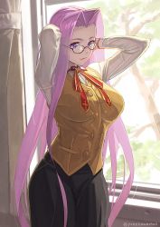 Rule 34 | 1girl, alternate costume, arms behind head, arms up, backlighting, black skirt, breasts, brown vest, collared shirt, fate/stay night, fate (series), forehead, glasses, highres, homurahara academy school uniform, large breasts, long hair, looking at viewer, medusa (fate), medusa (rider) (fate), neck ribbon, parted bangs, purple eyes, purple hair, red ribbon, ribbon, school uniform, shirt, sidelocks, skirt, smile, very long hair, vest, white shirt, window, yonezawa mao