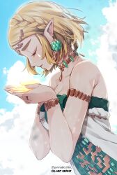 Rule 34 | 1girl, absurdres, armlet, bare shoulders, blonde hair, blue sky, blush, bracelet, braid, breasts, cleavage, closed eyes, cloud, cowboy shot, day, dress, earrings, french braid, from side, glowing, green trim, hanaberin, hands up, head down, highres, holding, jewelry, large breasts, neck, necklace, nintendo, official alternate costume, outdoors, own hands together, parted lips, pointy ears, princess zelda, profile, ring, serious, short hair, sidelocks, sky, solo, strapless, strapless dress, the legend of zelda, the legend of zelda: tears of the kingdom, traditional dress, twitter username, white dress, wind
