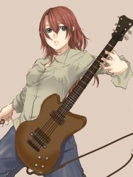 Rule 34 | 1girl, bad id, bad pixiv id, blue eyes, cable, collared shirt, denim, guitar, instrument, jeans, kagematsuri, long hair, original, pants, red hair, shirt, simple background, solo
