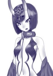Rule 34 | 1girl, animal collar, blush, bob cut, breasts, chain, collar, fang, fate/grand order, fate (series), gishu, gradient horns, horns, leash, medium hair, monochrome, multicolored horns, navel, nose blush, off shoulder, parted lips, purple theme, shuten douji (fate), simple background, skin-covered horns, small breasts, solo, sweatdrop, white background