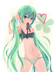 Rule 34 | 1girl, adjusting hair, bad id, bad pixiv id, green hair, groin, hatsune miku, highres, long hair, looking at viewer, mouth hold, navel, no pants, panties, red eyes, solo, soratsugu, striped clothes, striped panties, twintails, underwear, very long hair, vocaloid