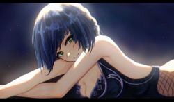 Rule 34 | 1girl, absurdres, bare arms, bare shoulders, blue hair, breasts, cleavage, commentary, genshin impact, green eyes, grin, highres, large breasts, letterboxed, looking at viewer, lying, mole, mole on breast, niuy, on stomach, parted lips, short hair, sleeveless, smile, solo, upper body, yelan (genshin impact)