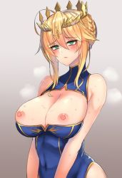 Rule 34 | 1girl, aqua eyes, artoria pendragon (fate), artoria pendragon (lancer) (fate), blonde hair, blue leotard, blush, braid, braided bun, breasts, breasts out, breasts squeezed together, center opening, cleavage cutout, closed mouth, clothing cutout, covered navel, crown, dress, fate/grand order, fate (series), gradient background, grey background, hair between eyes, hair bun, heattech leotard, large breasts, leotard, lips, medium hair, mikafen, nipples, sidelocks, simple background, sleeveless, sleeveless dress, solo, steaming body, sweat, tareme, turtleneck, upper body