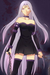 Rule 34 | 1girl, bad id, bad pixiv id, bare shoulders, breasts, chain, collar, dagger, dearest373, detached sleeves, elbow gloves, facial mark, fate/stay night, fate (series), forehead mark, gloves, knife, long hair, medusa (fate), medusa (rider) (fate), purple eyes, purple hair, solo, square pupils, thighhighs, very long hair, weapon, zettai ryouiki