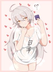 Rule 34 | 1girl, ?, ahoge, blush, breasts, closed mouth, collarbone, commentary request, condom, cowboy shot, grey hair, hair between eyes, heart, highres, holding, holding condom, honkai (series), honkai impact 3rd, kiana kaslana, kiana kaslana (herrscher of the void), large breasts, long hair, looking at viewer, milliani, orange eyes, shirt, smile, solo, standing, sweat, translation request, very long hair, white shirt