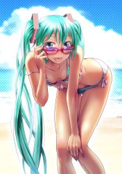 Rule 34 | 1girl, :p, aqua eyes, aqua hair, bent over, bikini, butt crack, collarbone, day, downblouse, downpants, face, glasses, green eyes, green hair, hand on own knee, hatsune miku, highres, jewelry, leaning forward, long hair, matching hair/eyes, nail polish, naughty face, outdoors, ring, side-tie bikini bottom, smile, solo, strap slip, striped bikini, striped clothes, sunglasses, swimsuit, thigh gap, thighs, tongue, tongue out, twintails, very long hair, vocaloid, wedding band, wokada