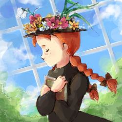 Rule 34 | 1girl, anne of green gables, anne shirley, black dress, book, braid, day, dress, closed eyes, female focus, flower, hat, holding, lowres, natsu miton, nature, nippon animation, oekaki, plant, profile, sky, solo, twin braids, world masterpiece theater