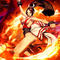 Rule 34 | 1girl, ass, bare legs, breasts, brown eyes, brown hair, fire, genzoman, hair ribbon, japanese clothes, large breasts, loincloth, long hair, motion blur, ninja, pelvic curtain, ponytail, revealing clothes, ribbon, shiranui mai, sideboob, solo, the king of fighters, wrist cuffs
