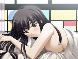 Rule 34 | 1girl, akasen gairo ~shouwa 33 nen no hatsuyuki~, bed, bed sheet, black hair, breast press, breasts, completely nude, game cg, karazaki shizue, large breasts, long hair, looking at viewer, lying, nude, on bed, on stomach, pillow, ryoumoto ken, smile, solo, window