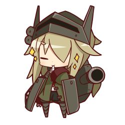 Rule 34 | 1girl, blonde hair, cannon, chibi, coat, closed eyes, finger to mouth, hair over one eye, helmet, long hair, nuu (nu-nyu), personification, simple background, smile, solo, sparkle, t26e4 superpershing, white background, world of tanks