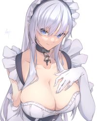 Rule 34 | 1girl, apron, azur lane, bad id, bad pixiv id, belfast (azur lane), blue eyes, braid, breasts, broken, broken chain, chain, cleavage, corset, elbow gloves, eyebrows hidden by hair, french braid, frilled apron, frills, gloves, hair between eyes, hand on own chest, highres, knt02142769, large breasts, long hair, looking at viewer, low neckline, maid, maid apron, maid headdress, signature, solo, upper body, waist apron, white apron, white gloves, white hair