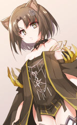 Rule 34 | 1girl, animal ear fluff, animal ears, arknights, bare shoulders, breasts, brown background, brown dress, brown eyes, brown hair, cleavage, closed mouth, collarbone, commentary request, dress, groin, haku (grimjin), highres, looking at viewer, mandragora (arknights), parted bangs, simple background, small breasts, solo, strapless, strapless dress, v-shaped eyebrows