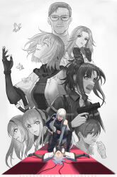 Rule 34 | 2boys, 6+girls, ak-12 (girls&#039; frontline), ak-15 (girls&#039; frontline), an-94 (girls&#039; frontline), angelia (girls&#039; frontline), arm up, black bodysuit, black jacket, bodysuit, candy, character request, closed mouth, commentary, defy (girls&#039; frontline), english commentary, food, full body, girls&#039; frontline, glasses, grey hair, greyscale, gun, hairband, handgun, highres, holding, holding candy, holding food, holding gun, holding lollipop, holding weapon, jacket, lady grey (girls&#039; frontline), lollipop, long hair, looking at viewer, looking away, looking up, lying, medium hair, monochrome, mp-443 grach, multiple boys, multiple girls, on back, open mouth, robe, rpk-16 (girls&#039; frontline), short hair, sidelocks, silayloe, simple background, tactical clothes, upper body, weapon, white robe