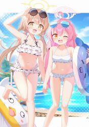 Rule 34 | 2girls, :d, ;d, ahoge, arm up, armpits, bare shoulders, barefoot, bikini, blonde hair, blue archive, blush, bow, breasts, cloud, collarbone, day, eyewear on head, frilled bikini, frills, hair between eyes, hair bow, hair ornament, halo, hifumi (blue archive), highres, holding hands, hoshino (blue archive), innertube, long hair, looking at viewer, multiple girls, navel, one eye closed, open mouth, outdoors, painter-lhb, pink hair, pool, poolside, sky, small breasts, smile, standing, sunglasses, swim ring, swimsuit, thigh gap, twintails, very long hair, water, white bikini, yellow eyes