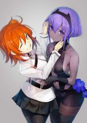 Rule 34 | 2girls, ;), ;d, asymmetrical docking, bare shoulders, belt, black gloves, black legwear, black pants, black skirt, blue flower, blush, breast press, breasts, collarbone, cowboy shot, dark skin, dark-skinned female, elbow gloves, fate/grand order, fate/prototype, fate/prototype: fragments of blue and silver, fate (series), fingerless gloves, flower, from above, fujimaru ritsuka (female), gloves, grey background, grin, hair between eyes, hair ornament, hair scrunchie, hairband, hands on another&#039;s face, hands on another&#039;s hips, hassan of serenity (fate), hibiscus, highres, jacket, long sleeves, looking at viewer, looking up, medium breasts, midriff, miniskirt, multiple girls, navel, one eye closed, open mouth, orange hair, pants, pantyhose, pleated skirt, purple eyes, purple hair, scrunchie, shirt, short hair, side ponytail, sideboob, sidelocks, simple background, skin tight, skirt, sleeveless, smile, standing, stomach, taishi (picchiridou), teeth, white jacket, white shirt, yellow eyes, yuri