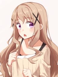 Rule 34 | 1girl, bad id, bad pixiv id, brown hair, brown sweater, chestnut mouth, hair ornament, high school fleet, highres, kapatarou, long hair, looking at viewer, purple eyes, simple background, solo, sweater, uda megumi, upper body, white background, x hair ornament