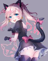 Rule 34 | 1girl, :d, alternate eye color, animal ears, ass, bead bracelet, beads, black cat d.va, black choker, black dress, black gloves, black thighhighs, blush, bow, bracelet, breasts, brown hair, cat ears, cat tail, character name, choker, commentary, corset, cowboy shot, d.va (overwatch), dress, earrings, eneru (enepuni), extra ears, eyelashes, facepaint, facial mark, fang, frilled choker, frilled dress, frills, gloves, grey background, hair between eyes, hair ornament, hair ribbon, hands up, heart, heart earrings, highres, jewelry, kemonomimi mode, legs together, lips, lolita fashion, long hair, looking at viewer, looking back, official alternate costume, open mouth, overwatch, overwatch 1, panties, pantyshot, paw pose, pink bow, pink eyes, pink lips, pink ribbon, puffy short sleeves, puffy sleeves, ribbon, shiny skin, short dress, short sleeves, shoulder blades, skindentation, small breasts, smile, solo, standing, tail, tail bow, tail ornament, teeth, thighhighs, twintails, twitter username, underwear, upper body, upper teeth only, upskirt, whisker markings, white panties