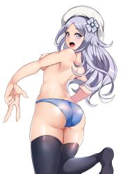 Rule 34 | 10s, 1girl, absurdres, aila jyrkiainen, aori sora, ass, back, beret, black thighhighs, blue panties, blush, breasts, eyelashes, from behind, grey eyes, gundam, gundam build fighters, hair ornament, hat, highres, large breasts, leg up, long hair, looking at viewer, looking back, medium breasts, nipples, no shoes, open mouth, panties, shiny skin, sideways glance, silver hair, simple background, skindentation, solo, thigh gap, thighhighs, topless, underwear, underwear only, w, white hat