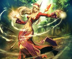 Rule 34 | 1girl, blonde hair, blood elf (warcraft), breasts, breasts apart, chain, crystal, elf, forest, genzoman, green eyes, hip focus, impossible clothes, large breasts, long hair, looking at viewer, magic, midriff, nature, navel, official art, pointy ears, sagging breasts, signature, skinny, skirt, slender, solo, staff, warcraft, wide hips, world of warcraft