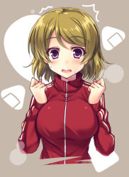 Rule 34 | 10s, 1girl, blush, breasts, brown background, brown hair, food, food on face, gym uniform, jacket, koizumi hanayo, large breasts, long sleeves, love live!, love live! school idol festival, love live! school idol project, onigiri, open mouth, purple eyes, raiou, short hair, solo, surprised, track jacket