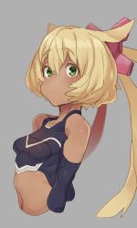 Rule 34 | 1girl, blonde hair, breasts, character request, closed mouth, collagen, detached sleeves, green eyes, hair ornament, highres, long hair, looking at viewer, midriff, navel, original, pointy hair, simple background, solo, twintails