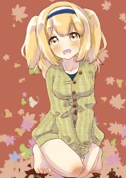 Rule 34 | 10s, 1girl, :d, absurdres, alternate costume, aran sweater, barefoot, blush, brown eyes, cable knit, cardigan, collarbone, hairband, highres, i-26 (kancolle), kantai collection, leaf, light brown hair, long hair, long sleeves, looking at viewer, misacho (misa1001), open mouth, smile, solo, st31472591, sweater, two-tone hairband, two side up