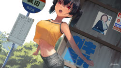 Rule 34 | 1girl, arms at sides, black hair, black shorts, breasts, bus stop, camisole, commentary request, fang, getsuyoubi no tawawa, grey sky, highres, kaedeko (kaedelic), kouhai-chan (tawawa), large breasts, midriff, navel, one-piece tan, open mouth, oppai loli, original, outdoors, poster (object), red eyes, sasaki kanna (kaedeko), short hair, shorts, skin fang, sky, solo, tan, tanline, twintails, yellow camisole