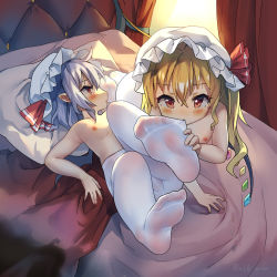 Rule 34 | 2girls, baozishark, bat wings, blonde hair, blush, commentary request, crystal, eyebrows visible through hair, feet, feet up, flandre scarlet, flat chest, foot focus, hair between eyes, hat, indoors, looking at viewer, lying, mob cap, multiple girls, nipples, on back, on bed, one side up, pantyhose, pillow, pointy ears, profile, purple hair, red curtains, red eyes, remilia scarlet, short hair, siblings, sisters, toes, topless, touhou, white headwear, white legwear, wings, yuri