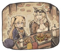 Rule 34 | 2girls, absurdres, animal ears, blazer, blonde hair, blue eyes, blue headwear, blush, breasts, burger, cleavage, cup, drinking straw, closed eyes, fang, food, french fries, fur collar, fur trim, girls&#039; frontline, goggles, goggles on head, hat, unworn hat, unworn headwear, highres, holding, indoors, jacket, ketchup, kintsuba (garapagosukkk), large breasts, long hair, long sleeves, m500 (girls&#039; frontline), multiple girls, open clothes, open jacket, open mouth, saliva, sitting, skin fang, sparkle, sparkling eyes, super-shorty (girls&#039; frontline), sweat, two side up