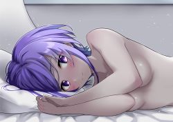Rule 34 | 1girl, blush, breasts, collarbone, convenient arm, dark-skinned female, dark skin, fate/grand order, fate/prototype, fate/prototype: fragments of blue and silver, fate (series), hassan of serenity (fate), indoors, looking at viewer, lying, mizumok1, nude, on bed, on side, pillow, purple eyes, purple hair, short hair, small breasts, smile, solo