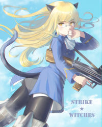 Rule 34 | 1girl, animal ears, artist name, ascot, black pantyhose, blonde hair, blue jacket, blue sky, blunt bangs, bren lmg, cat ears, cat tail, closed mouth, cloud, cloudy sky, copyright name, covering own mouth, day, flying, frown, glasses, gun, gun sling, hand over own mouth, highres, holding, holding gun, holding weapon, jacket, light machine gun, long hair, long sleeves, looking at viewer, looking back, machine gun, military, military jacket, military uniform, nagase kei, no pants, orange eyes, outdoors, panties, panties under pantyhose, pantyhose, perrine h. clostermann, ribbed sweater, signature, sky, solo, strike witches, striker unit, sweater, tail, underwear, uniform, weapon, white ascot, wind, world witches series, yellow eyes
