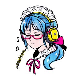 Rule 34 | 1girl, akairiot, beamed eighth notes, blue hair, bow, closed eyes, eighth note, glasses, hair bow, headphones, long hair, maid, maid headdress, mole, mole under eye, musical note, original, pink-framed eyewear, pink bow, ponytail, portrait, simple background, smile, solo, white background
