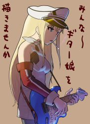 Rule 34 | 10s, 1girl, bismarck (kancolle), blonde hair, blue eyes, cigarette, detached sleeves, electric guitar, fender stratocaster, guitar, hasukawa isaburou, highres, instrument, kantai collection, long hair, long sleeves, music, playing instrument, simple background, smoking, solo, translation request