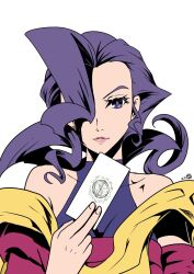 Rule 34 | 1girl, bare shoulders, card, collarbone, hair over one eye, heco (rina), highres, holding, holding card, looking at viewer, one eye covered, purple eyes, purple hair, rose (street fighter), scarf, street fighter, yellow scarf