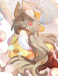 Rule 34 | 1girl, animal ear fluff, animal ears, back, bell, bow, brown eyes, brown hair, child, closed mouth, commentary request, commission, flower, frills, fur trim, hair bow, hair flower, hair ornament, halo, highres, holding, holding umbrella, japanese clothes, jingle bell, kimono, long hair, long sleeves, looking at viewer, looking back, mizushirazu, oil-paper umbrella, original, red flower, short eyebrows, skeb commission, solo, squirrel (jjjjmmn err), thick eyebrows, umbrella, upper body, very long hair, yellow bow, yellow kimono