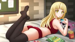 Rule 34 | 1girl, ass, asymmetrical bangs, bag, bang dream!, bed sheet, blonde hair, blush, bra, breasts, brick wall, brown thighhighs, cellphone, closed mouth, commentary, fast food, food, food in mouth, french fries, highres, holding, holding phone, kazenokaze, legs up, long hair, looking at viewer, looking back, lying, medium breasts, mouth hold, no shoes, on stomach, panties, phone, pillow, red bra, red panties, smile, solo, sports bra, thighhighs, tsurumaki kokoro, underwear, underwear only, yellow eyes
