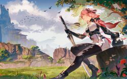 Rule 34 | 1girl, bird, black gloves, black tassel, boots, breasts, capelet, cloud, commentary, dress, english commentary, flower, gloves, grass, hair between eyes, high heel boots, high heels, highres, hill, holding, holding sword, holding weapon, landscape, large breasts, long sword, low-tied sidelocks, medium hair, outdoors, pantyhose, pink hair, pink tassel, purple eyes, rock, scenery, sitting, sky, solo, srro yo, sword, taoqi (wuthering waves), tassel, torn clothes, torn pantyhose, tree, tree stump, weapon, white dress, wuthering waves