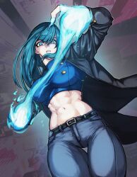 Rule 34 | 1girl, abs, belt, belt buckle, blue eyes, blue fire, blue hair, breasts, buckle, commission, cowboy shot, crop top, denim, evelynn (chef033), fire, highres, jacket, jeans, large breasts, long hair, looking at viewer, makdraw25, midriff, navel, open clothes, open jacket, original, pants, solo